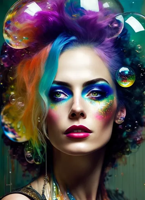 drunken beautiful woman as delirium from sandman, (hallucinating colorful soap bubbles), by jeremy mann, by sandra chevrier, by dave mckean and richard avedon and maciej kuciara, punk rock, tank girl, high detailed, 8k