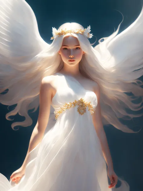 young girl angel, with floating hair, flowing white gown, highly detailed, digital painting, artstation, concept art, smooth, sharp focus, illustration, unreal engine 5, 8k, art by artgerm and greg rutkowski and alphonse mucha