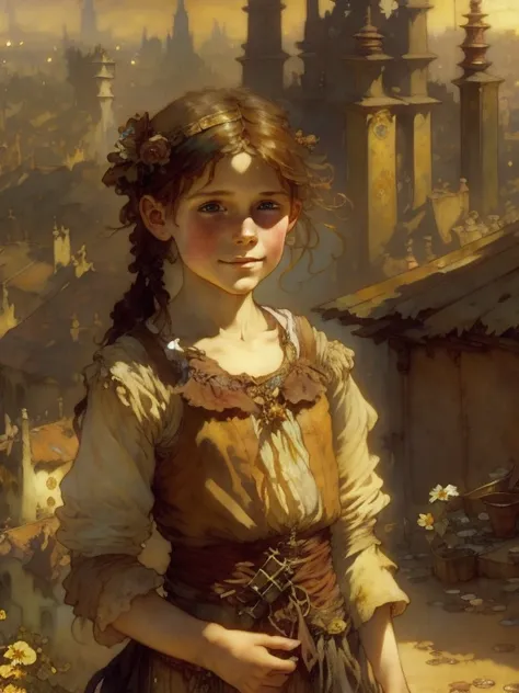 **** girl in rags, pauper, highly detailed, brown hair, cluttered fantasy city background, art by aleksi briclot and alphonse mucha and william-adolphe bougeureau