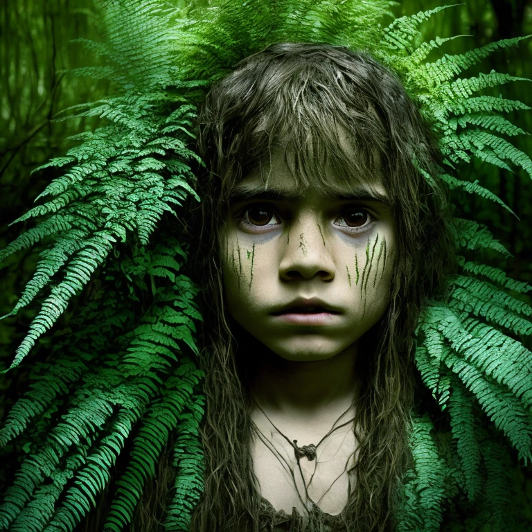 8 boy in a deep forest, long hair, (very dirty skin)+, wearing a loincloth made of ferns, beautiful symmetrical face, detailed, intricate, sharp