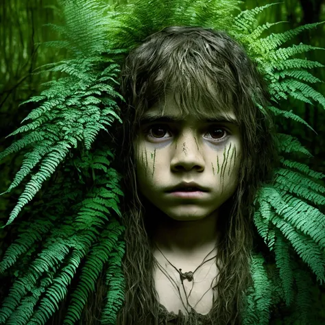 *** boy in a deep forest, long hair, (very dirty skin)+, wearing a loincloth made of ferns, beautiful symmetrical face, detailed, intricate, sharp