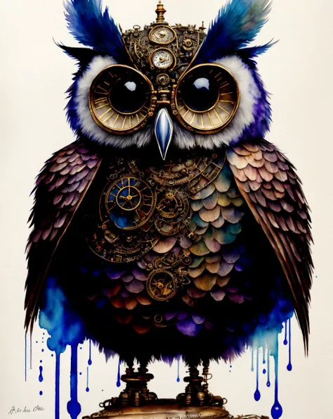 anthro, Award winning ultra realistic Full body watercolor painting of an (((Anthropomorphic))) evil ((steampunk)) owl, 10k high resolution, ink drips, Perfect skin, perfect hands, sss, high quality macro photo, none, <lora:epiNoiseoffset_v2:1>