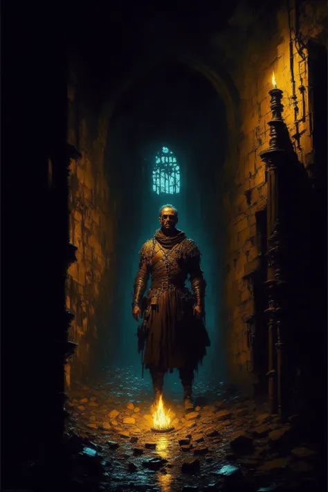 (extremely detailed CG unity 8k wallpaper), (full shot body photo of the most creepy artwork in the world, old abandoned medieval dungeon at night with a medium shot of a ugly torturer waiting in the dark:1.4), prisoners, cells, dark, damp, and dirty, fire torches, professional majestic oil painting by Ed Blinkey, Atey Ghailan, Studio Ghibli, by Jeremy Mann, Greg Manchess, Antonio Moro, trending on ArtStation, trending on CGSociety, Intricate, High Detail, Sharp focus, dramatic, photorealistic painting art by midjourney and greg rutkowski