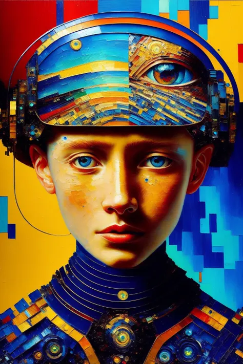 van gogh and rembrandt inspired scifi cyborg (oil painting:1.3) <(masterpiece, realistic:1.3), (extremely intricate:1.2)>, 1girl, face, close up, portrait