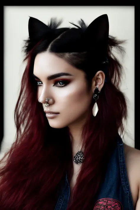 <lora:virtualWorldsPeople_kitchEXTREMELYWIP:.8> (masterpiece, best illustration, extreme light and shadow), painting of a girl, by Stanley Lau, 1girl, (femme), (transgender female), solo, jewelry, earrings, long hair, blue eyes, (red hair), long hair, (mature), (cat ears, animal ears), (cat girl), (cat tail, animaal tail), perfect face, large breasts, side lighting, lustrous skin,(bloom), (shine), wearing a black led zeppelin tshirt, denim jeans, goth makeup, wristband, emo punk style, (punk:1.5), jewelry, (perfect hands), depth of field, shy, (portrait, close up), (indoor lighting:1.2), wind swept hair, (sidelighting), (dynamic angle), (90s aesthetic),