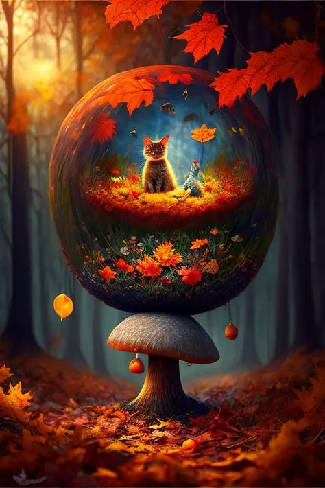 amazing Fantasy painting of a of a fairy in a [mushroom:forest:30], cat, Autumn colors, Dawn lighting, Color temperature lighting,  <lora:Fantasy_4:0.3>