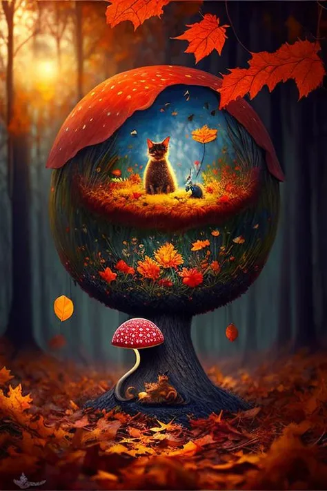 amazing Fantasy painting of a of a fairy in a [mushroom:forest:30], cat, Autumn colors, Dawn lighting, Color temperature lighting,  <lora:Fantasy_4:0.4>