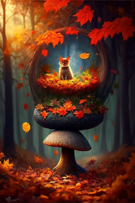 amazing Fantasy painting of a of a fairy in a [mushroom:forest:30], cat, Autumn colors, Dawn lighting, Color temperature lighting,  <lora:Fantasy_4:0.2>