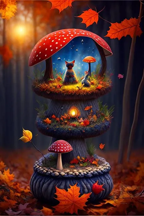 amazing Fantasy painting of a of a fairy in a [mushroom:forest:30], cat, Autumn colors, Dawn lighting, Color temperature lighting,  <lora:Fantasy_4:0.7>