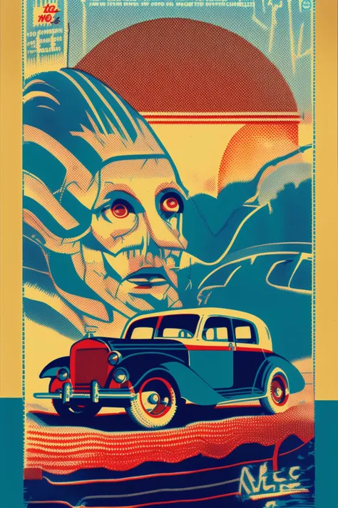 An overprinted image of a classic car against a sunset backdrop, red and blue tones enhancing the nostalgia and timeless charm of the vintage vehicle:1.5, overprinted image:1.2, classic car:1.2, sunset backdrop:1.2, red and blue tones:1.2, nostalgia:1.1, timeless charm:1.1, vintage vehicle:1.1. , overprint_effect