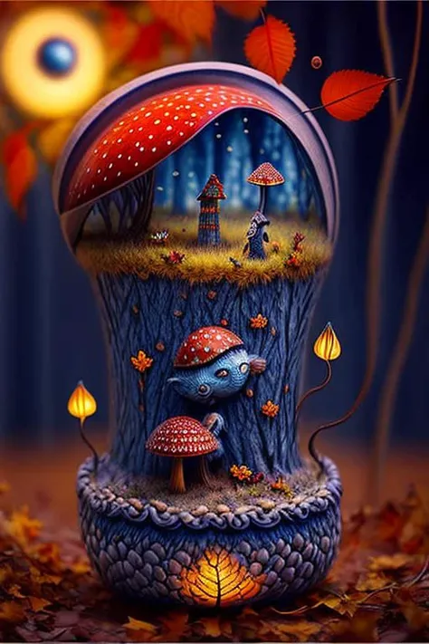 amazing Fantasy painting of a of a fairy in a [mushroom:forest:30], cat, Autumn colors, Dawn lighting, Color temperature lighting,  <lora:Fantasy_4:0.9>