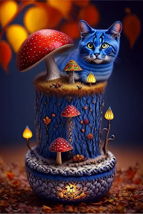 amazing Fantasy painting of a of a fairy in a [mushroom:forest:30], cat, Autumn colors, Dawn lighting, Color temperature lighting,  <lora:Fantasy_4:1>