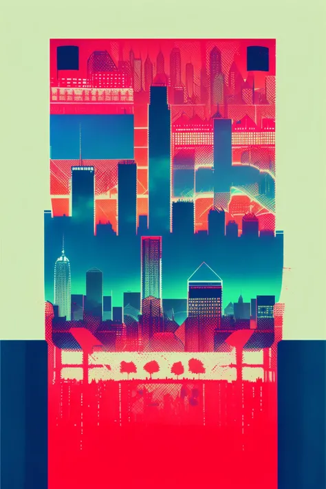 A city skyline transformed by the overprint effect, red and blue lights converging to create a futuristic and immersive urban landscape:1.5, city skyline:1.2, overprint effect:1.2, red and blue lights:1.2, futuristic urban landscape:1.1, immersive:1.0. , overprint_effect