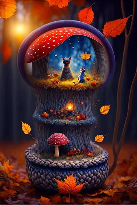 amazing Fantasy painting of a of a fairy in a [mushroom:forest:30], cat, Autumn colors, Dawn lighting, Color temperature lighting,  <lora:Fantasy_4:0.8>