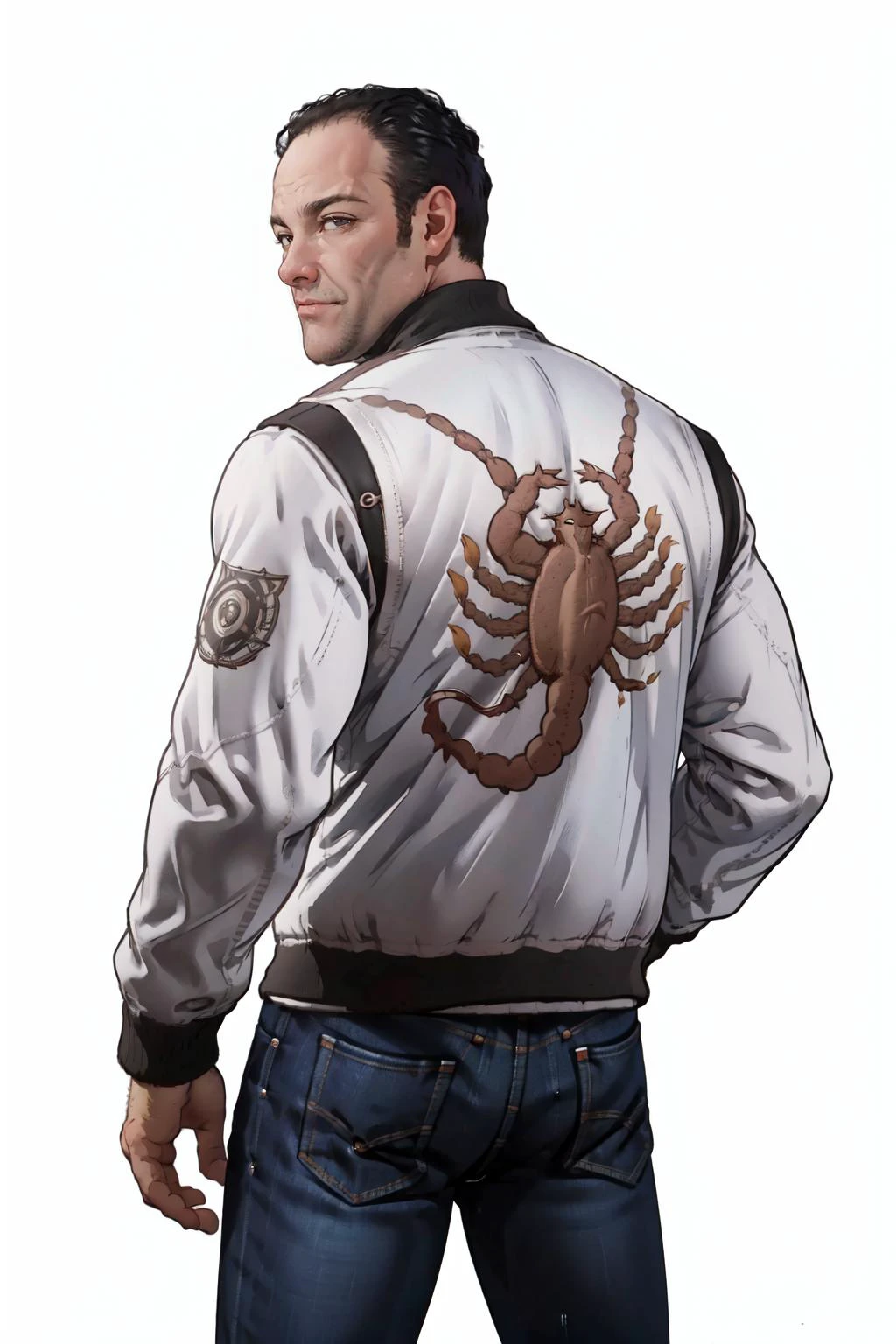 (masterpiece, best quality, absurdres, 4k, aesthetic, detailed, intricate),simple background,from behind,tonysoprano,balding,plump,solo,jeans,(print jacket, white jacket),looking back, <lora:drivejacket-outfit-richy-v1:0.8> <lora:TonySoprano:1>