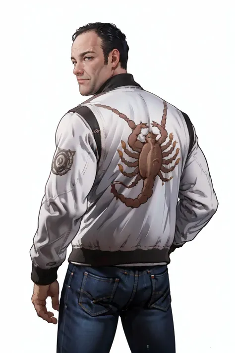 (masterpiece, best quality, absurdres, 4k, aesthetic, detailed, intricate),simple background,from behind,tonysoprano,balding,plump,solo,jeans,(print jacket, white jacket),looking back,  <lora:drivejacket-outfit-richy-v1:0.8> <lora:TonySoprano:1>