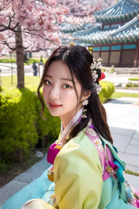 hyper realistic, lifelike texture, dramatic lighting, (best quality:1.1), partially immersed in flower, (hanbok, korean clothes:1.4), depth of field, lifelike, colorful flower bed in the background, falling sakura blossoms, depth of field, (smile:1.1),  beauty512, sserafimkazuha, <lora:leSserafimKazuha_leSserafimKazuhaV1:1>, <lora:hanbok-000009:0.8> , <lora:hanboka-000003:0.8>