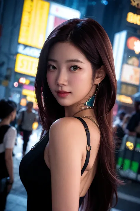 hyper realistic, lifelike texture, dramatic lighting, (best quality:1.1), depth of field, nighttime, in a futuristic cyberpunk city, HDR, shallow depth of field, broad light, high contrast, backlighting, bloom, light sparkles, chromatic aberration, sharp focus, beauty512, (smile:1.1), sserafimkazuha, <lora:leSserafimKazuha_leSserafimKazuhaV1:1>