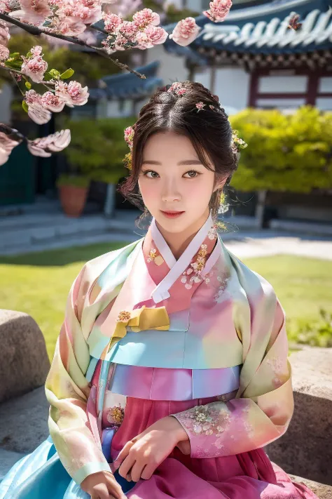 hyper realistic, lifelike texture, dramatic lighting, (best quality:1.1), partially immersed in flower, (hanbok, korean clothes:1.4), depth of field, lifelike, colorful flower bed in the background, falling sakura blossoms, depth of field, (smile:1.1), beauty512, sserafimkazuha, <lora:leSserafimKazuha_leSserafimKazuhaV1:1>, <lora:hanbok-000009:0.8> , <lora:hanboka-000003:0.8>