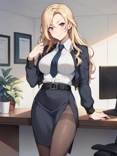 score_9, score_8_up, score_7_up, score_6_up, score_5_up, score_4_up,
source_anime,
realistic,
BREAK
1 girl, standing, cowboy shot, office,
<lora:hornet:0.6> hornetKC,
large breasts,
blonde, long hair, grey eyes,
bomber jacket, black jacket, jacket, long sleeves, white shirt, dress shirt, necktie, skirt, pantyhose, black belt,
smiling,