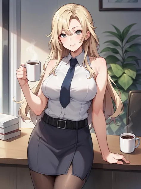 score_9, score_8_up, score_7_up, score_6_up, score_5_up, score_4_up,
source_anime, 
realistic,
BREAK
1 girl, standing, holding coffee mug, cowboy shot, office,
<lora:hornet:0.6>hornetKC, 
large breasts,
blonde, long hair, grey eyes,
white shirt, collared shirt, dress shirt, sleeveless, bare shoulders, necktie, skirt, pantyhose, black belt,
smiling,