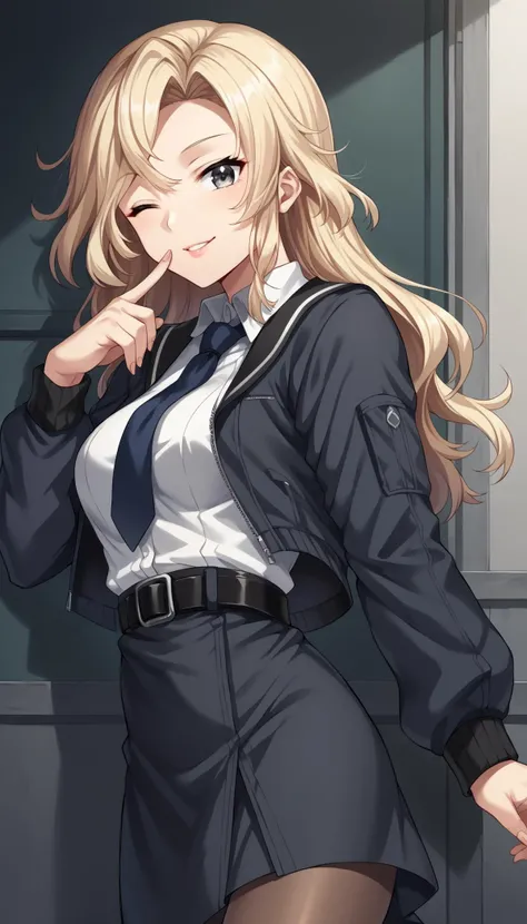 score_9, score_8_up, score_7_up, source_anime, game cg,solo,<lora:hornet:1>hornetKC,grey eyes, long hair, skirt, long sleeves, jacket, white shirt, pantyhose, necktie, black jacket, dress shirt, black belt, bomber jacket, finger to mouth,one eye closed, smile,heart,finger on lips,<lora:light_sharp_style_magin3.1:1>