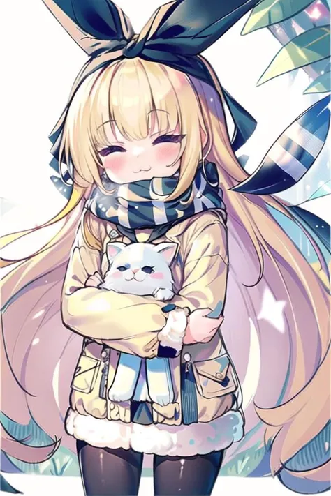 masterpiece, best quality, 1girl, alice, blonde hair, long hair, closed eyes, looking at viewer, :3, cute, scarf, jacket, outdoors, streets,