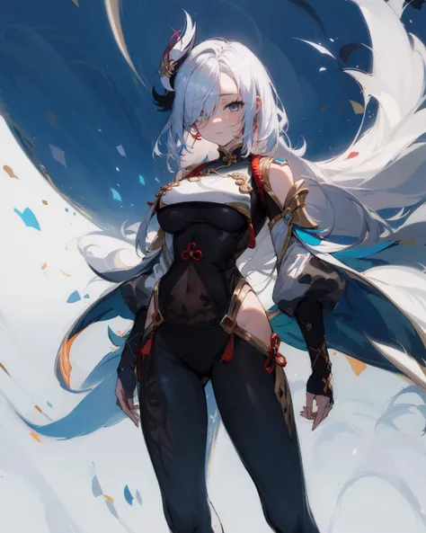 Masterpiece, bestquality, ultra detailed, 8k, incredibly absurdres, absurdres, 1girl, alternate pose, cowboy shot, Shenhe, long hair, white hair, standing, large breasts, hair over one eye, <lora:shenheCharacter:1>, expressionless, abstract gold