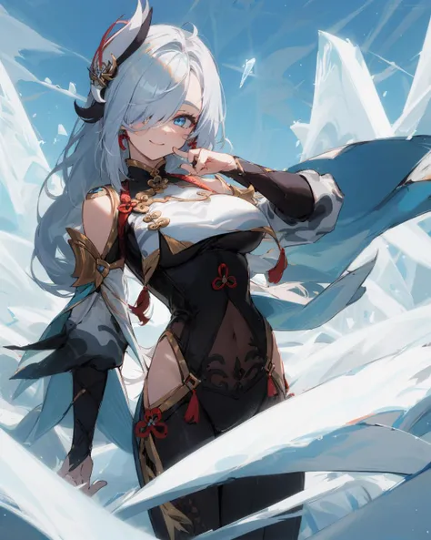 Masterpiece, bestquality, ultra detailed, 8k, incredibly absurdres, absurdres, 1girl, alternate pose, cowboy shot, Shenhe, long hair, white hair, standing, large breasts, hair over one eye, ice aura, cute, up close, face only, <lora:shenheCharacter:1>, blue eyes, smile,
