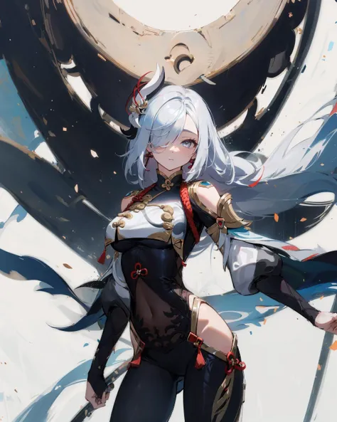 make it realistic,(masterpiece,highest quality,highest quality,very detailed,fractal art,most detailed,(The background is a fashion show:1.5)(1 girl),Kamimei,(hair length),(Shining red eyes and beautiful white hair、big breasts,trained abdominal muscles),crystal,high leotard,sexy,machine armor、Blake、wearing a kimono、Japanese clothing