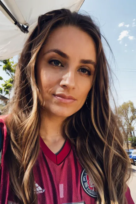 rnd piercing eyes, looking straight, very happy,long hair, wearing an basketball jersey, closeup portrait, in a outdoor cafe in 2015, afternoon light,<lora:RachelAnnamarieDeMita-RealVision-V1.0:1.2>