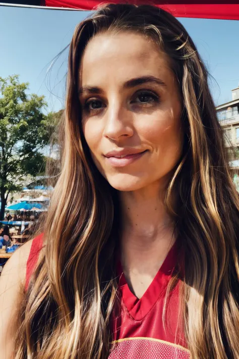 rnd piercing eyes, looking straight, very happy,long hair, wearing an basketball jersey, closeup portrait, in a outdoor cafe in 2015, afternoon light,<lora:RachelAnnamarieDeMita-RealVision-V1.0:1.2>