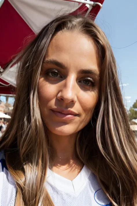 rnd piercing eyes, looking straight, very happy,long hair, wearing an basketball jersey, closeup portrait, in a outdoor cafe in 2015, afternoon light,<lora:RachelAnnamarieDeMita-RealVision-V1.0:1.2>