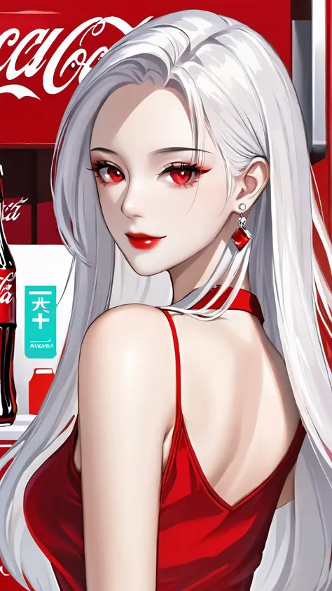 1girl, jewelry, earrings, solo, long hair, white hair, red lips, looking at viewer, coca-cola, upper body, bare shoulders, parted bangs, red eyes, sleeveless, closed mouth, red shirt, collarbone, shirt, makeup,shiny,shiny skin,milf,(mature female:1.2), <lora:fashigirl-v6-sdxl:0.6>