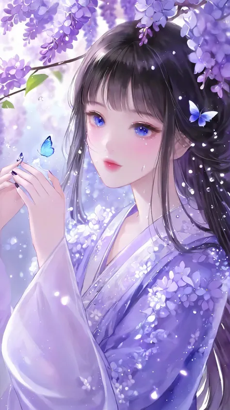 motion blur, bug, butterfly, flower, wisteria, branch, blue butterfly, 1girl, solo, white flower, tears, long hair, butterfly hair ornament, own hands clasped, hydrangea, bokeh, cherry blossoms, long sleeves, nail polish, bangs, black hair, blue eyes, water drop, snowflakes, looking at viewer,masterpiece,best quality,(shiny skin),extremely delicate and beautiful, <lora:fashigirl-v6-sdxl:0.7>