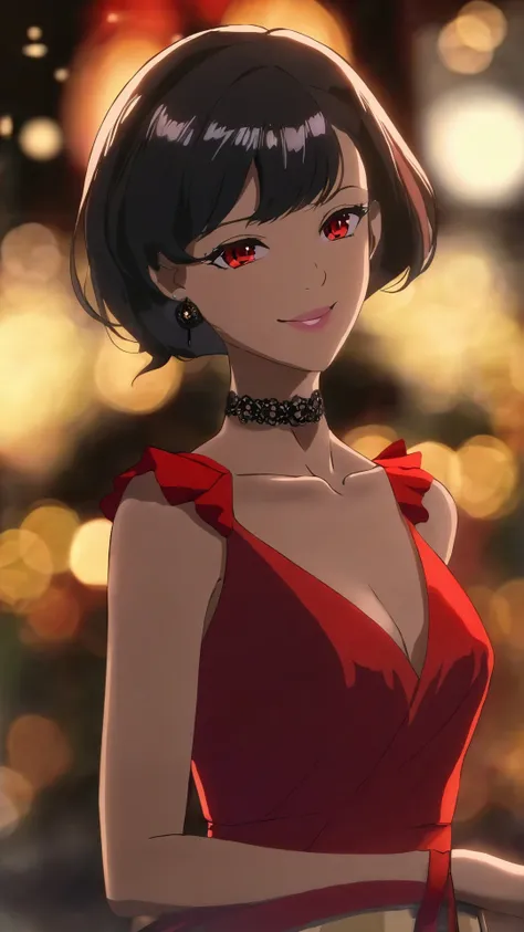 masterpiece, best quality, 1girl, mature female, anime screencap, short hair, wavy hair, black hair, red eyes, dress, swept bangs, medium breasts, choker, dark skin, earrings, pointy ears, makeup, smile,depth of field, portrait, night, bokeh,extremely delicate and beautiful