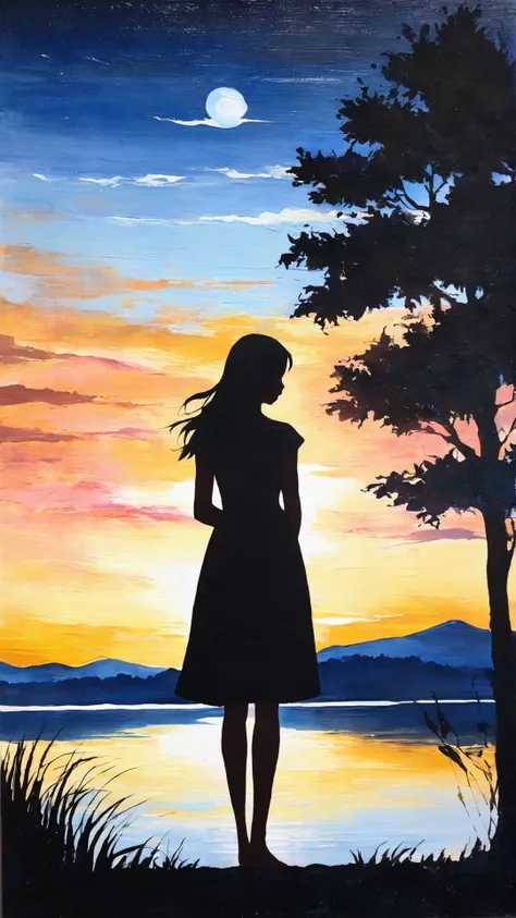 silhouette of 1girl standing gracefully by a serene lake at midnight,extremely delicate and beautiful,masterpiece,best quality,oil painting