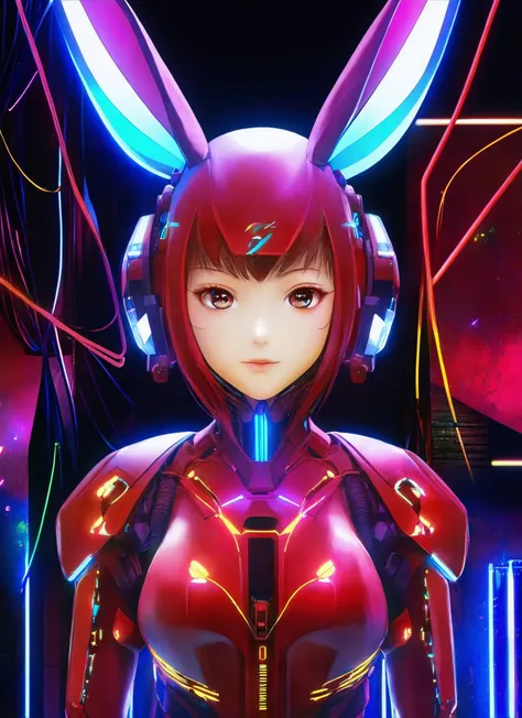 ((anime)),1girl,anime girl,Cyborg feminine hare, kawaii cyborg rabbit, high detailed face, beautiful body, glowing hair, looking at the camera, breeze, neon strings, chaotic wiring/cables, scifi, futuristic, highly detailed, cinematic, cyberpunk, highly detailed and intricate, rich deep colors. sf, raphael, caravaggio, greg rutkowski, beeple, beksinski, red background,(materpiece:1.3),(best quality:1.2),extremely delicate and beautiful