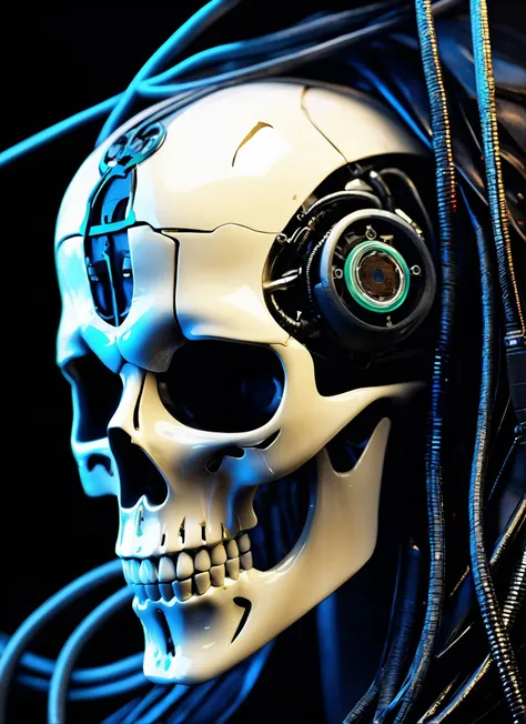 (Masterpiece, best quality:1.5) ultra detailed of a porcelan reaper skull android face, cyborg, robotic parts, 150 mm, beautiful studio soft light, rim light, vibrant details, luxurious cyberpunk, lace, hyperrealistic, anatomical, facial muscles, cable electric wires, microchip, elegant, beautiful background, octane render, H. R. Giger style