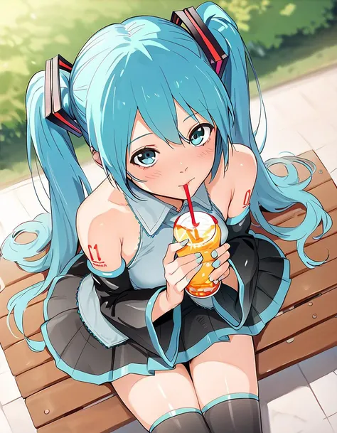 score_9, score_8_up,score_7_up,score_6_up,score_5_up,score_4_up , a girl is sitting on a park bench, blush, looking at viewer, drinking , detached sleeves, thighhighs, from above, hatsune miku,
<lora:redlight_style_xl_v1-000050:1>