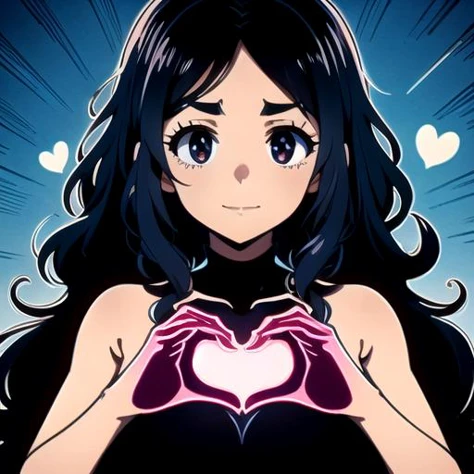 ((top quality, 8k wallpaper)),(masterpiece, best quality),extremely detailed,high definition,(official art:1.3),(((anime screencap,black outline))),<lora:more_details:0.3>,<lora:LCM_LoRA_Weights_SD15:1>, 1girl, BREAK (large breasts), (parted bangs:1.6), <lora:ETO_OC:0.2> ETO-OC, <lora:ETO_OCC006:0.7>, ETO_OCC, (curly hair:1.3), (long hair), black hair, thick eyebrows, pale skin, curvy, (plump), (hazel eyes:1.3), looking at viewer, mature female, BREAK <lora:heartChest:0.6> heartChest, happy, smiling, (glowing heart:1.4), (glowing heart hands on chest:1.4), (((silhouette, upper body))), (heart-shaped hands:1.4),