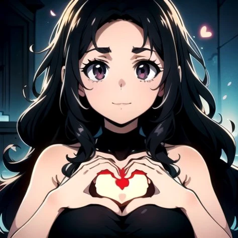 ((top quality, 8k wallpaper)),(masterpiece, best quality),extremely detailed,high definition,(official art:1.3),(((anime screencap,black outline))),<lora:more_details:0.3>, 1girl, BREAK (large breasts), (parted bangs:1.6), <lora:ETO_OC:0.2> ETO-OC, <lora:ETO_OCC006:0.7>, ETO_OCC, (curly hair:1.3), (long hair), black hair, thick eyebrows, pale skin, curvy, (plump), (hazel eyes:1.3), looking at viewer, mature female, BREAK <lora:heartChest:0.6> heartChest, happy, smiling, (glowing heart:1.4), (glowing heart hands on chest:1.4), (((silhouette, upper body))), (heart-shaped hands:1.4), dark theme