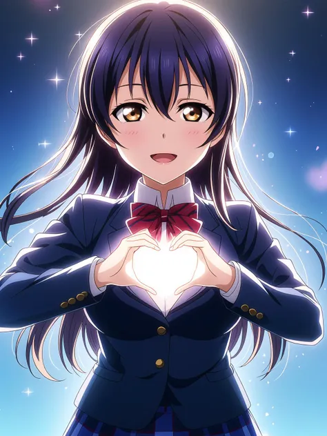 <lora:Koto-Umi-Riko-Shizu-Setsu-LLAS:0.8> <lora:GoodHands-beta2:1> <lora:veye3:0.8> <lora:hyperrefiner_v090:0.6> <lora:add_detail:0.6>
(beautiful eyes:1.4), (detailed face and eyes:1.4), (masterpiece:1.2), (best quality:1.2), (highres:1.2), (perfect anatomy:1.2),
(light particles:1.1), (lens flare:1.1), (sunbeam:1.1), (depth of field:1.1), sparkle background,
(1girl:1.2), (upper body:1.2), looking at viewer
BREAK
(umi-llas:1.3), yellow eyes, (long hair:1.1), (huge breasts:1.2), narrow waist, lips, smile, :d
BREAK
(otonokizaka school uniform, winter uniform, dark blue jacket:1.4), closed jacket, school uniform, long sleeves
BREAK
((red bowtie, striped bowtie)), (blue skirt, pleated skirt, plaid skirt)
BREAK
<lora:heartChest:0.55>
heartChest, silhouette, (((glowing heart, glowing heart hands on chest, heart-shaped hands)))