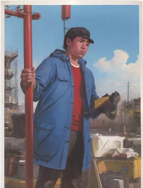 masterpiece, best quality,
solo, 1boy,
realistic, blue jacket and red shirt,
standing under the sun
<lora:EarlyChinesePoster:0.9>,