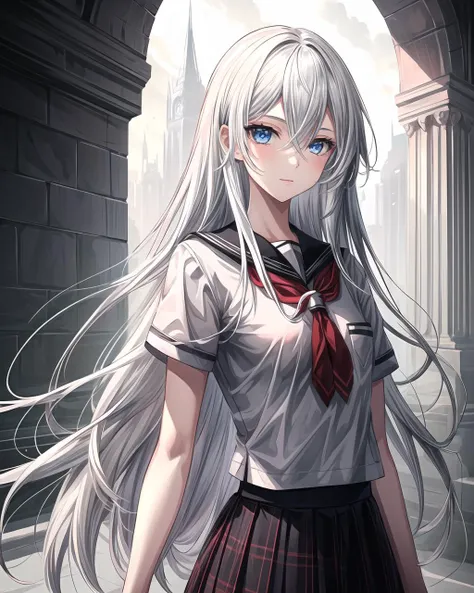 1girl, solo, digital art, ultra detailed, <lora:more_details:0.7>,, yorha_type_a_no._2, android, blue eyes, hair between eyes, medium breasts, long hair, white_hair, <lora:a2NierAutomataLora_1:0.5>, school uniform, white shirt, plaid skirt,
