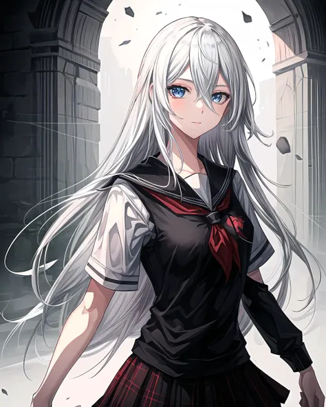 1girl, solo, digital art, ultra detailed, <lora:more_details:0.7>,, yorha_type_a_no._2, android, blue eyes, hair between eyes, medium breasts, long hair, white_hair, <lora:a2NierAutomataLora_1:0.7>, school uniform, white shirt, plaid skirt,