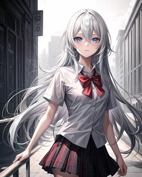 1girl, solo, digital art, ultra detailed, <lora:more_details:0.7>,, yorha_type_a_no._2, android, blue eyes, hair between eyes, medium breasts, long hair, white_hair, <lora:a2NierAutomataLora_1:0.4>, school uniform, white shirt, plaid skirt,