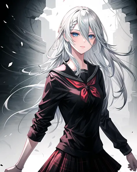 1girl, solo, digital art, ultra detailed, <lora:more_details:0.7>,, yorha_type_a_no._2, android, blue eyes, hair between eyes, medium breasts, long hair, white_hair, <lora:a2NierAutomataLora_1:0.8>, school uniform, white shirt, plaid skirt,