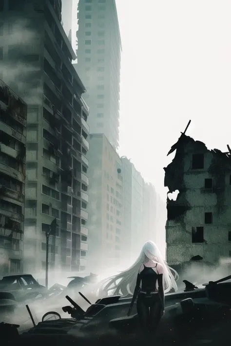yorha type a no. 2, 1girl, android, bare shoulders, blue eyes, fog, hair over one eye, joints, light particles, long hair, mole, mole under mouth, one eye covered, portrait, robot joints, shadow, solo, white hair robot, robot joints, mechanical parts, highres, detailed background, ruined buildings backdrop, destroyed city
<lora:a2NierAutomataLora_1:0.6>