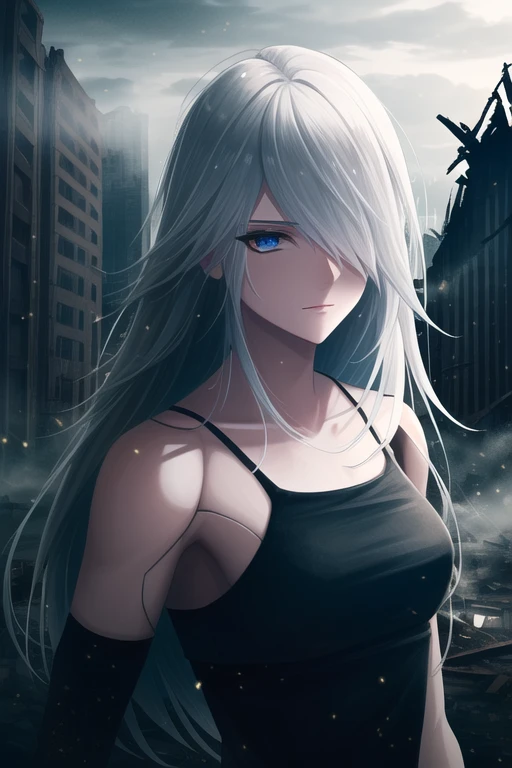 yorha type a no. 2, 1girl, android, bare shoulders, blue eyes, fog, hair over one eye, joints, light particles, long hair, one eye covered, portrait, robot joints, shadow, solo, (white hair:1.2) robot, robot joints, mechanical parts, highres, detailed background, ruined buildings backdrop, destroyed city,
dramatic pose, action pose, epic,
upper body
<lora:a2NierAutomataLora_1:0.6>